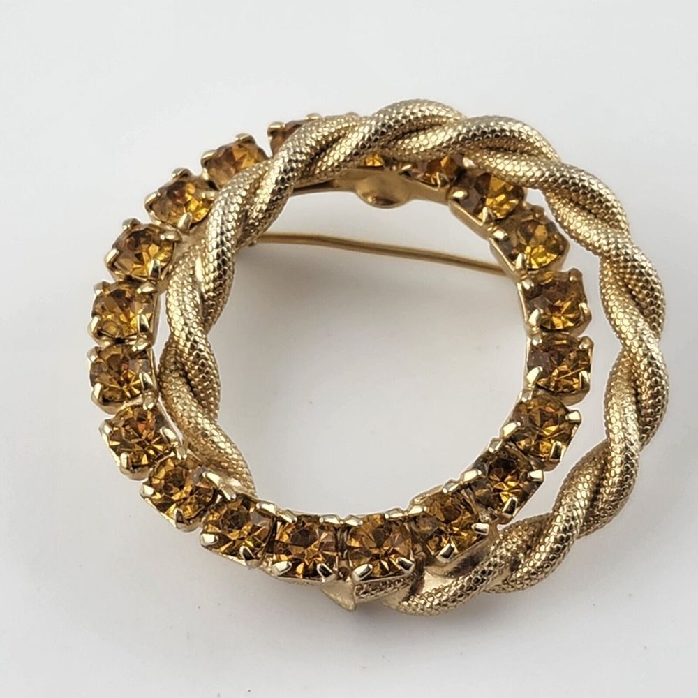 Vintage Double Circle Brooch, Golden Rhinestones, Twisted, 1.5", 1960's, golden